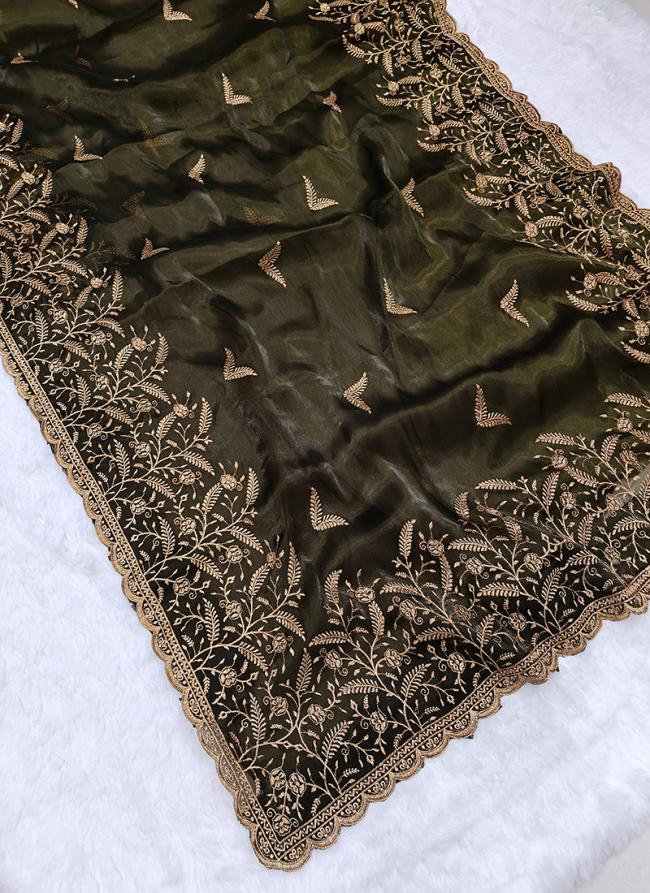 Jimmy Choo Dark Olive Green Party Wear Embroidery Work Saree